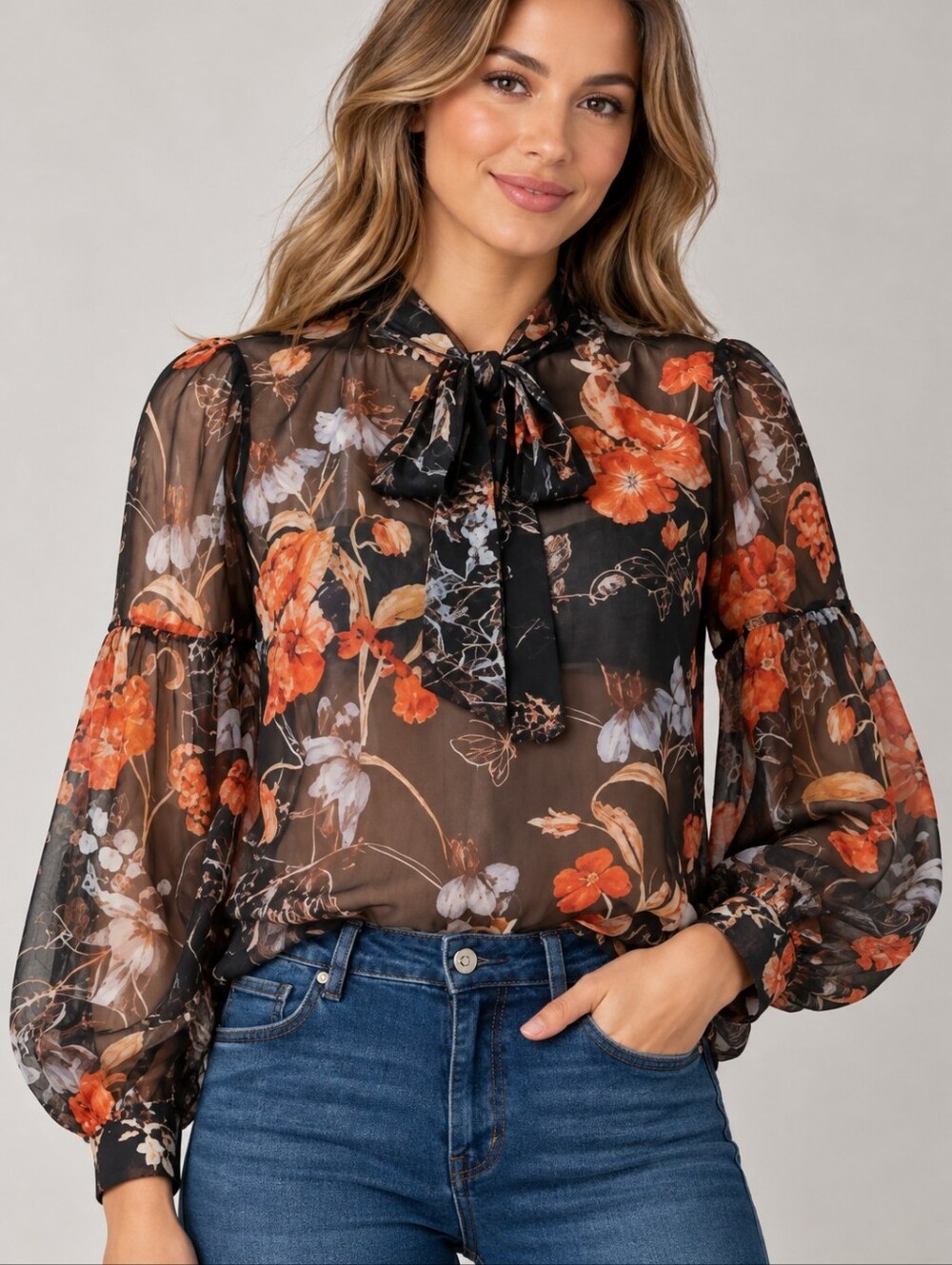 WHO WHAT WEAR Sheer Floral Button Down Bow Tie Long Sleeve Blouse